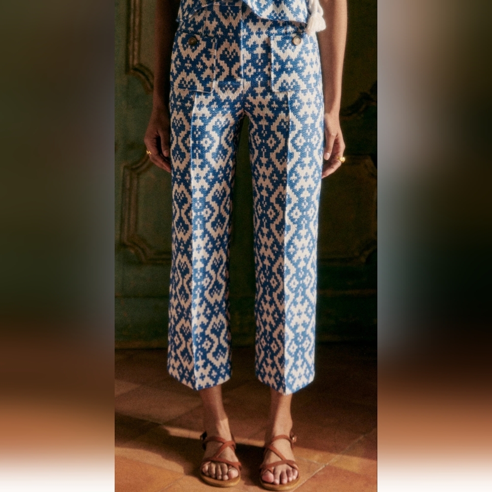 NWT Sézane Emilio Blue Geo Jacquard Cropped Pants